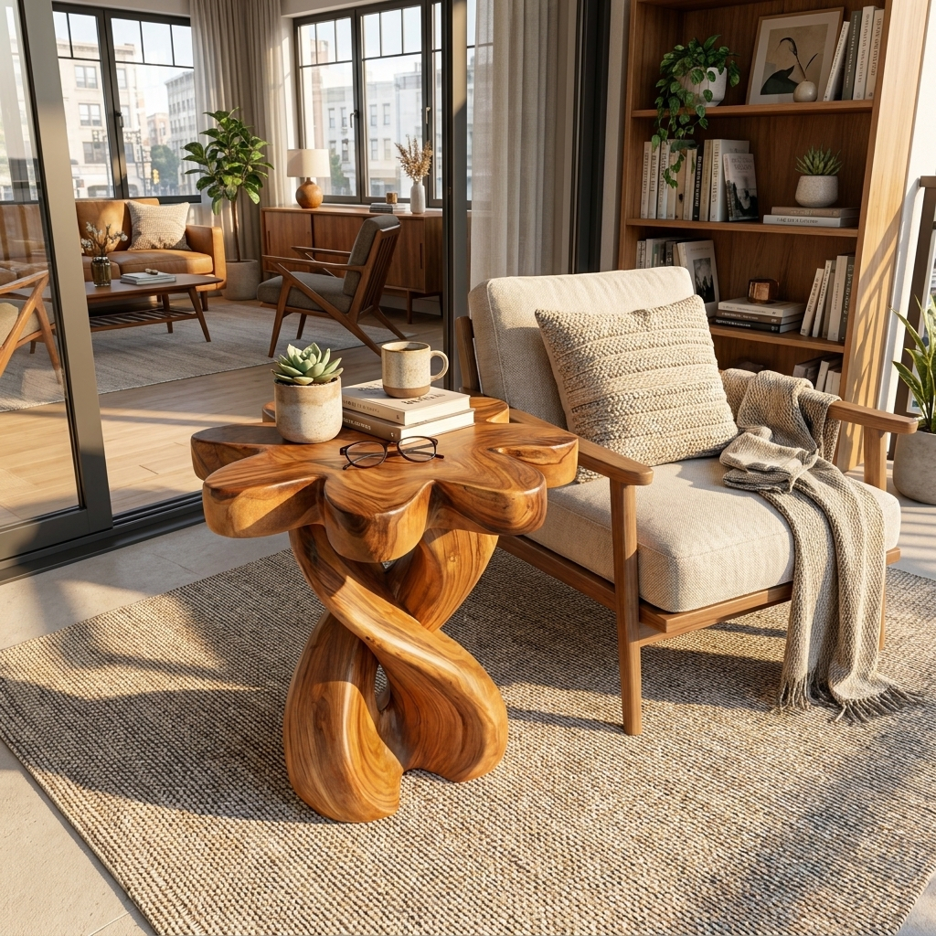 Wooden Nightstand with Twisted Base and Flower-shaped Tabletop, solid wood, built to order, view 2