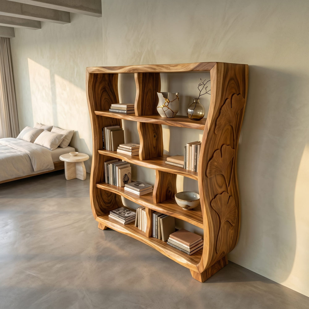 Handcrafted Bookshelf with Ginkgo Leaf Accents, solid wood, built to order