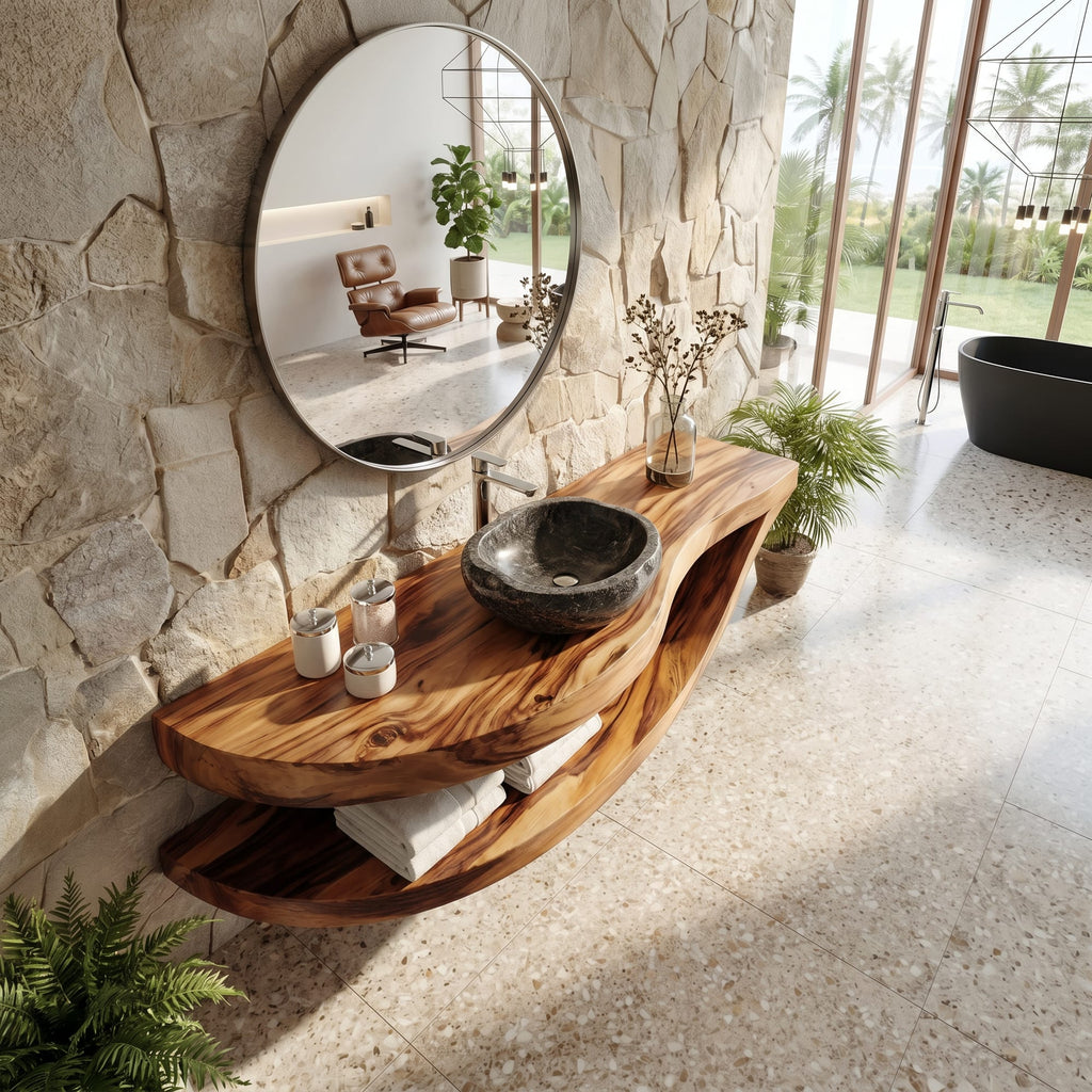 Open Shelf Vanity Cabinet Resort Suite, solid wood, built to order