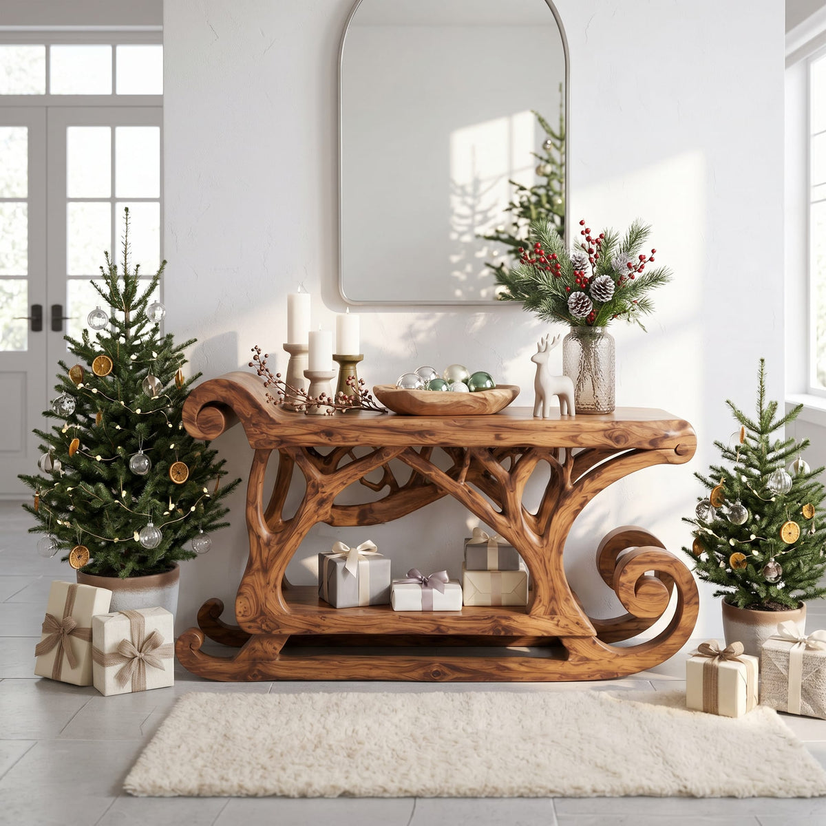 Rustic Console Table with Reindeer Sleigh Design, solid wood, built to order
