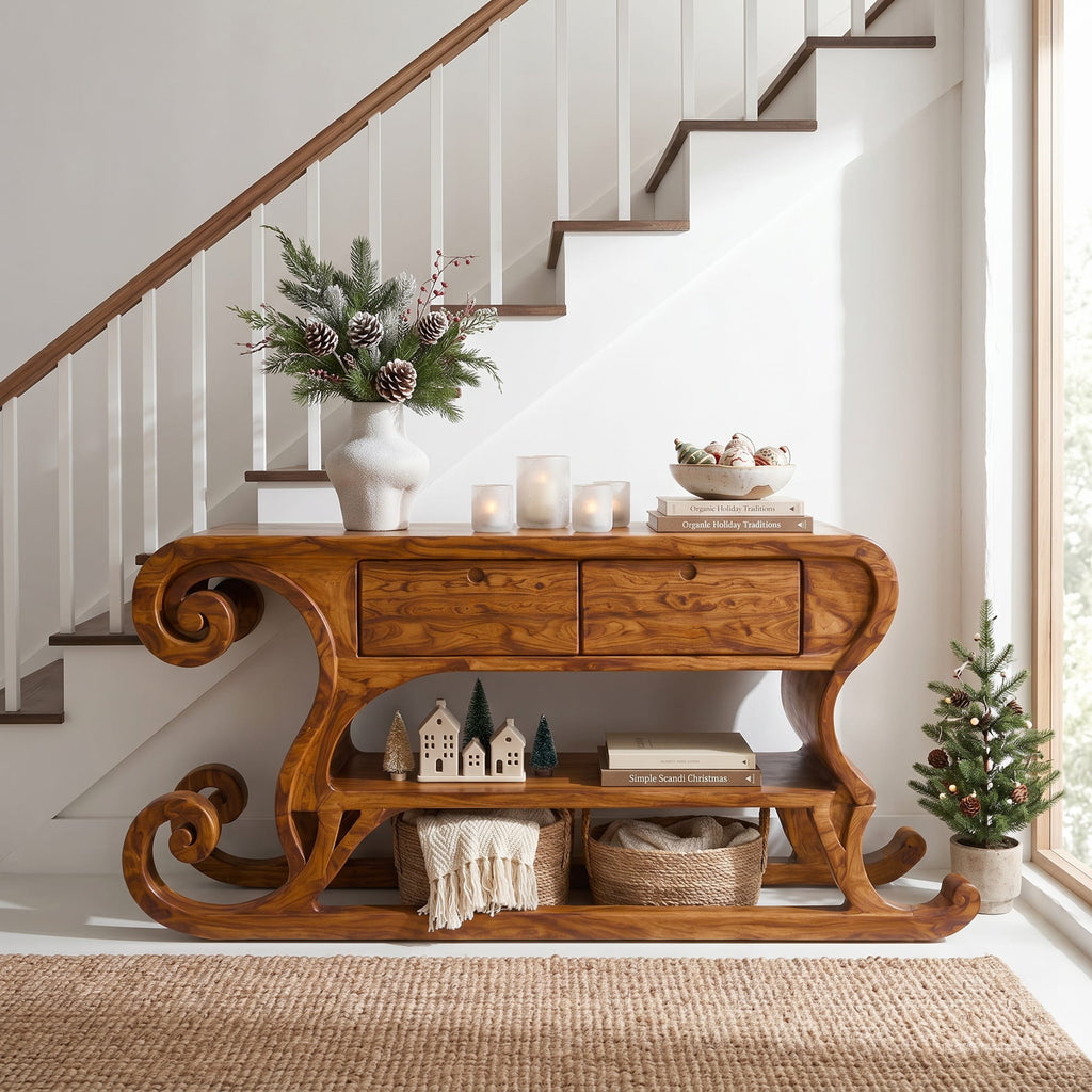 Rustic Console Table with Sleigh Inspired Scroll Design, solid wood, built to order