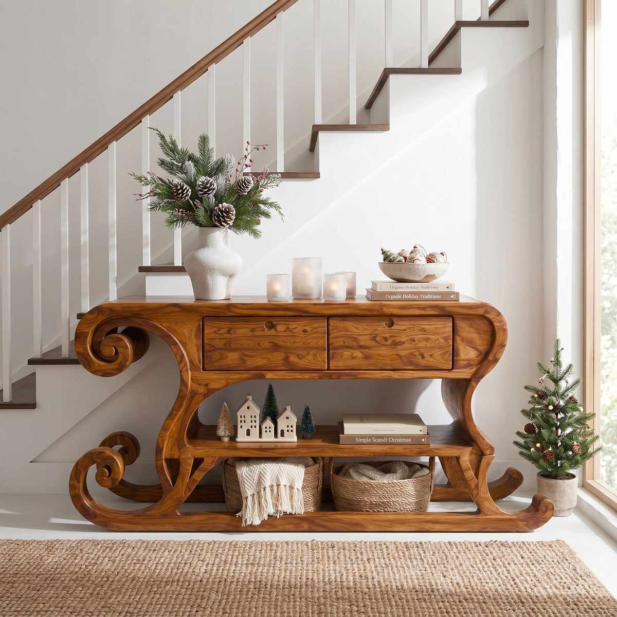 Rustic Console Table with Sleigh Inspired Scroll Design, solid wood, built to order