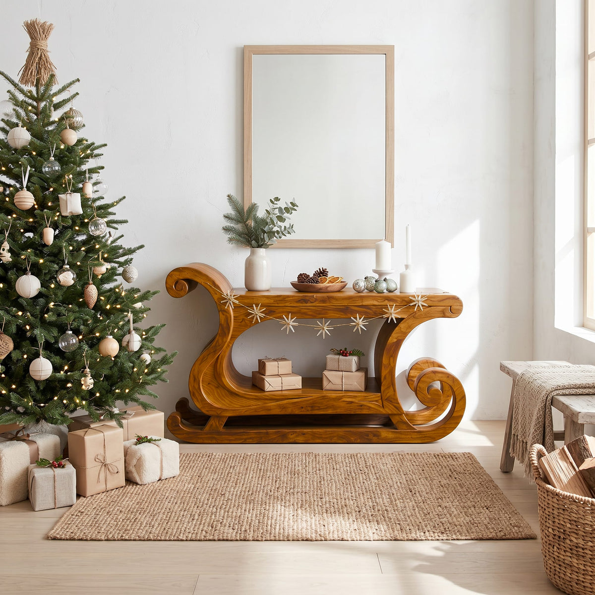 Rustic Console Table with Carved Sleigh Design, solid wood, built to order