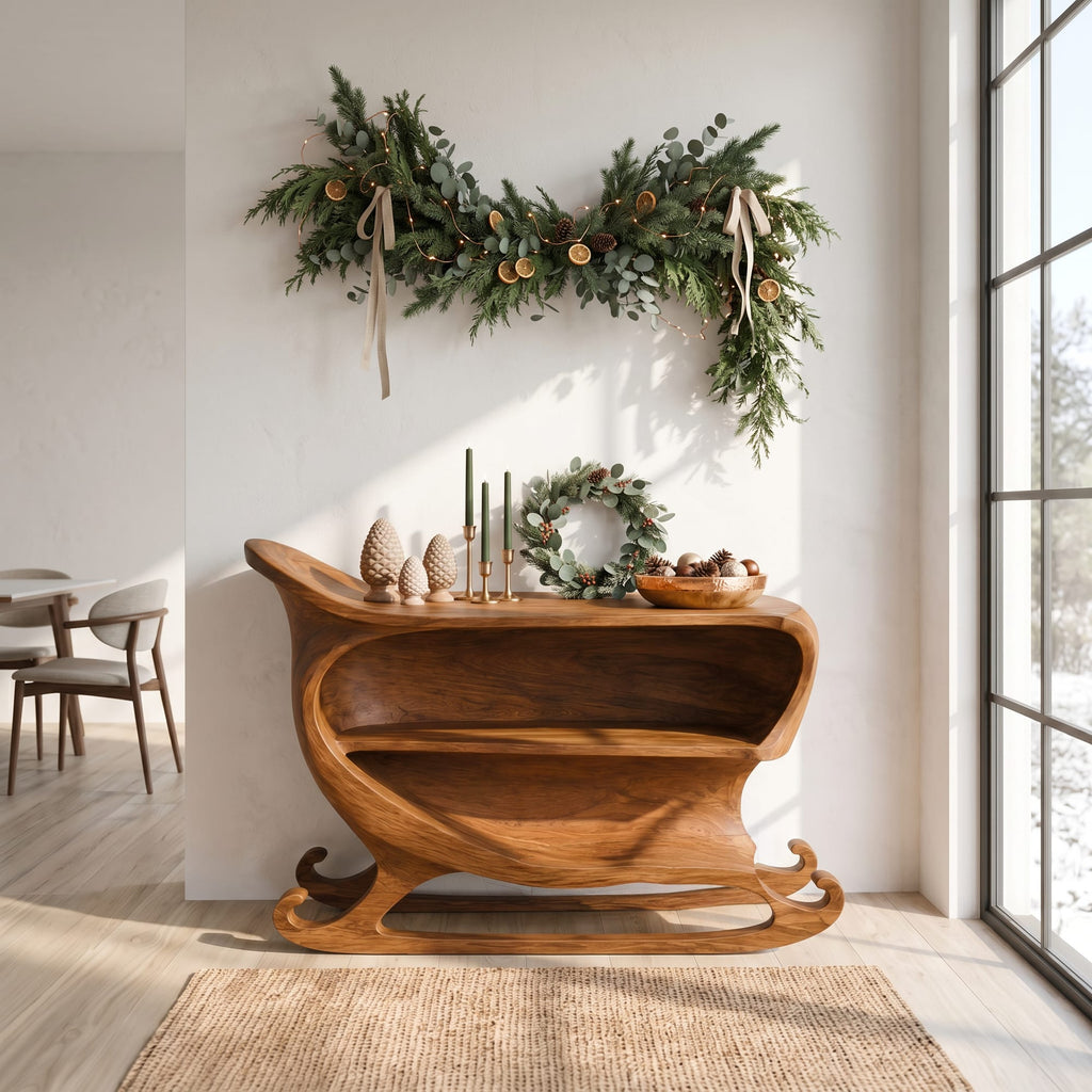 Farmhouse Console Table with Sleigh Inspired Scroll Design, solid wood, built to order