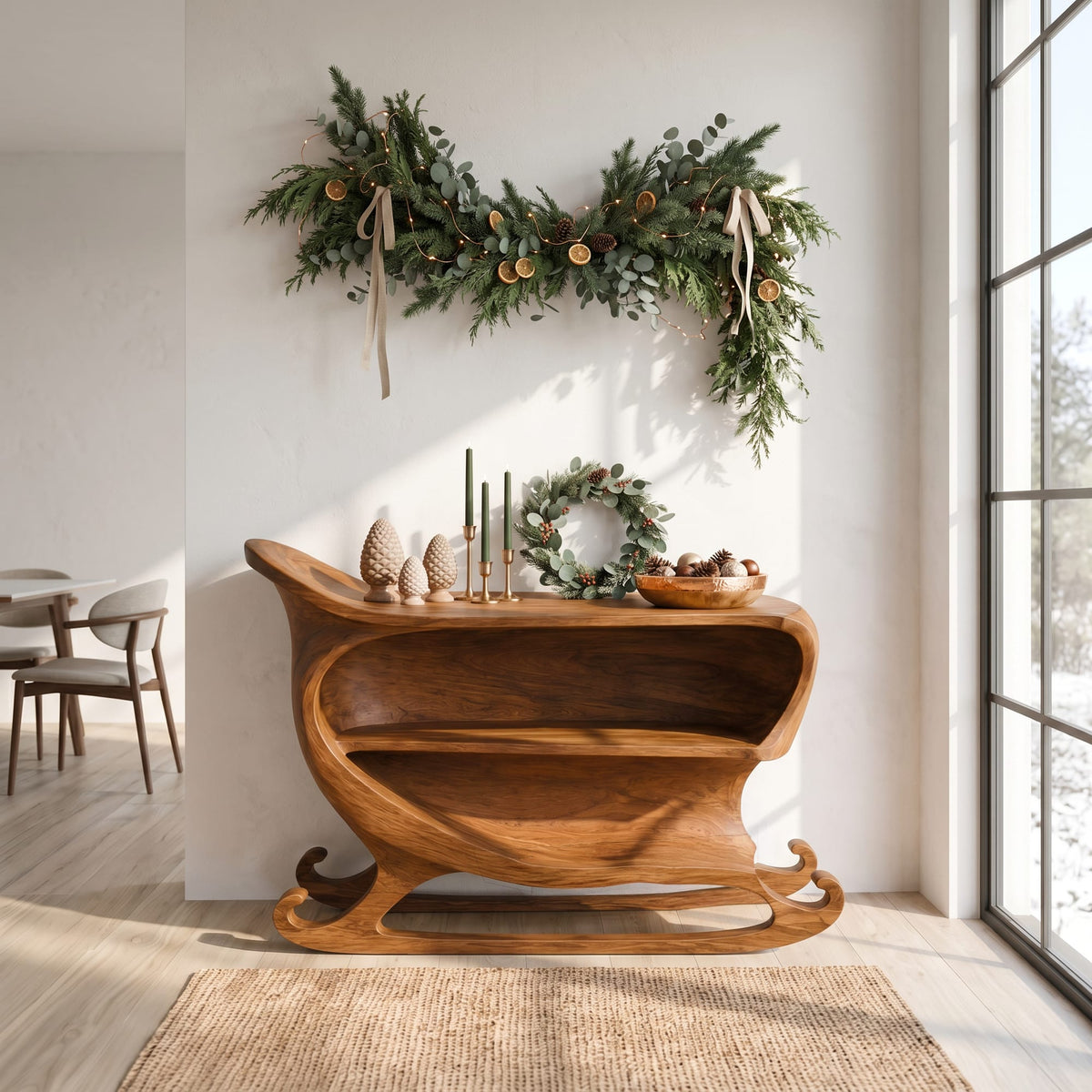 Farmhouse Console Table with Sleigh Inspired Scroll Design, solid wood, built to order