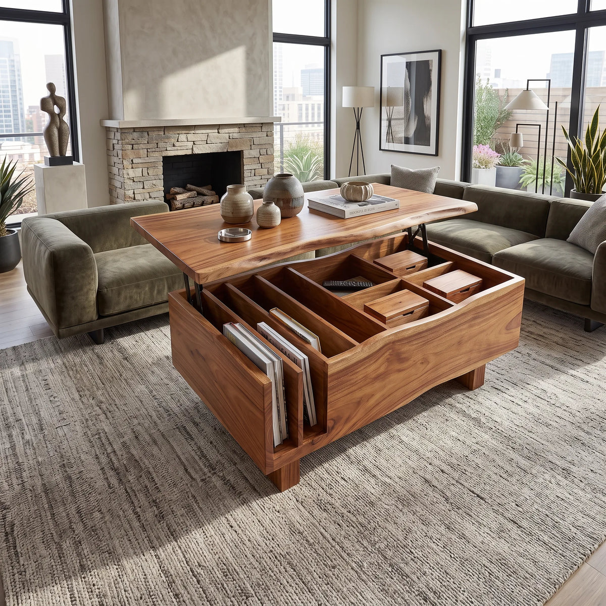 Organic Modern Lift Top Coffee Table Reading Lounge, solid wood, built to order, view 7