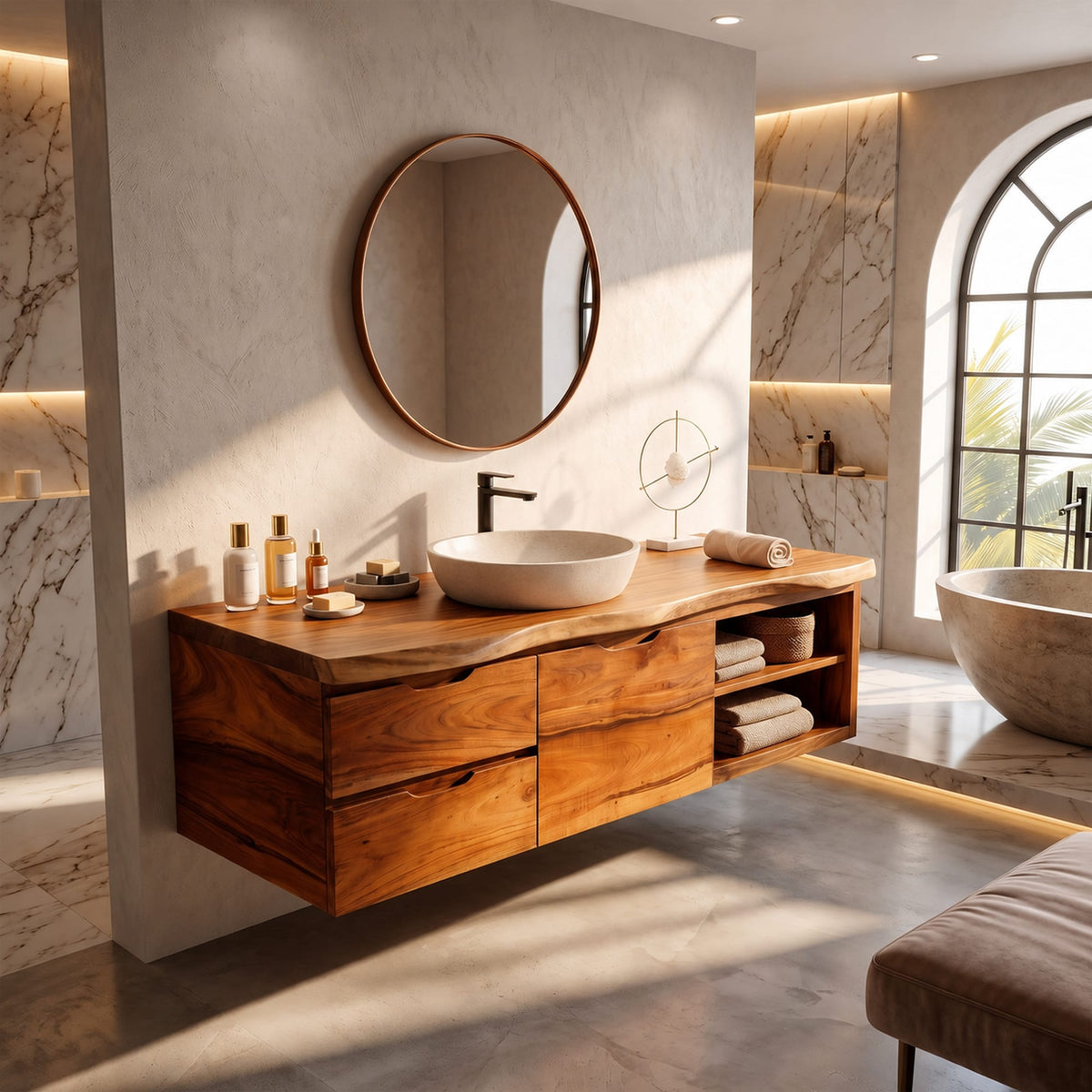 Japandi Wall Mounted Vanity Urban Loft Bathroom, solid wood, built to order