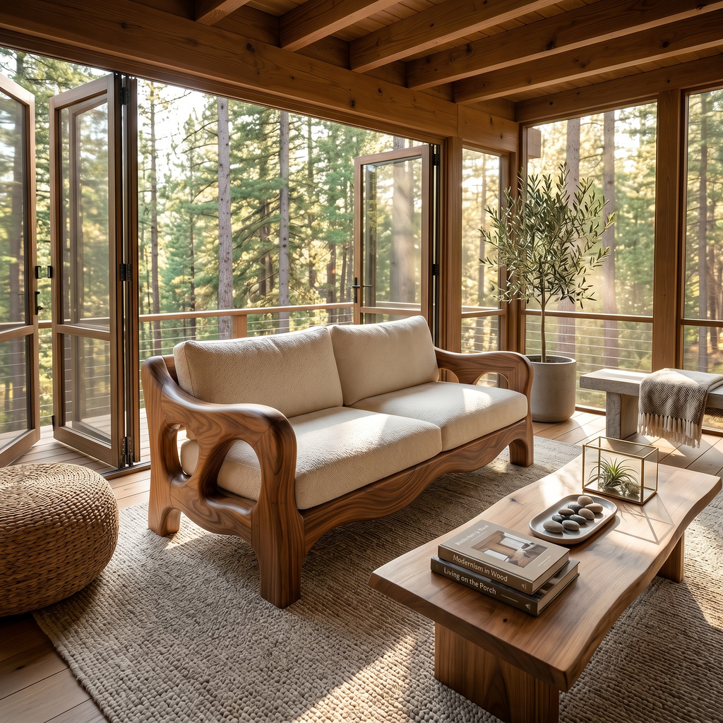 Architectural Sculptural Sofa Family Room, solid wood, built to order, view 2
