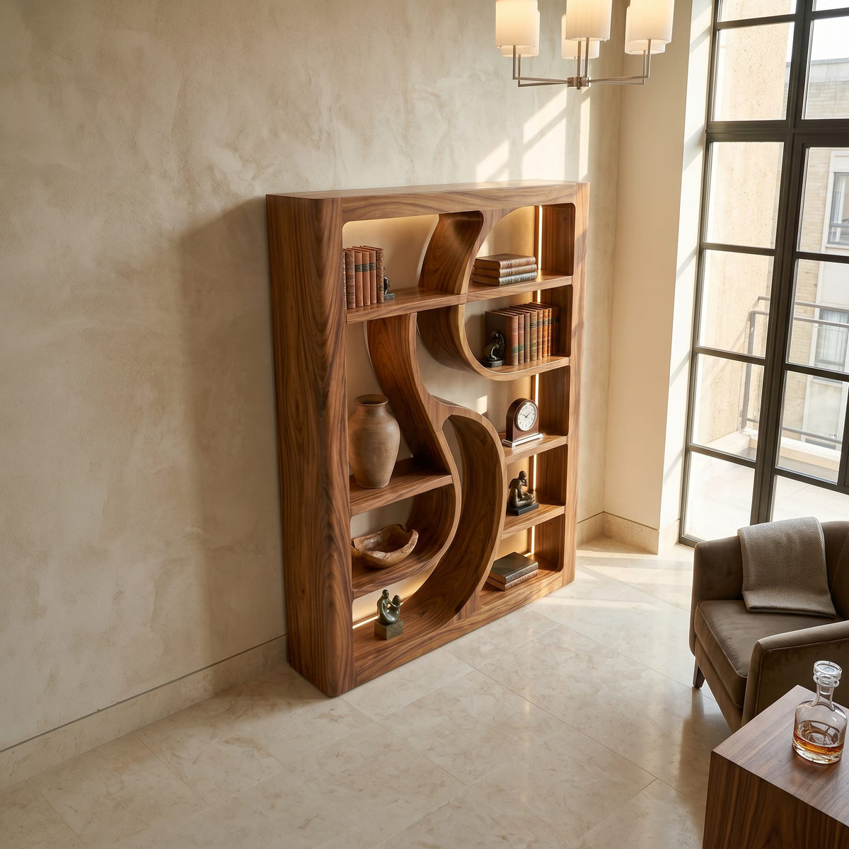 Wooden Bookshelf Featuring Ambient LED Shelving, solid wood, built to order