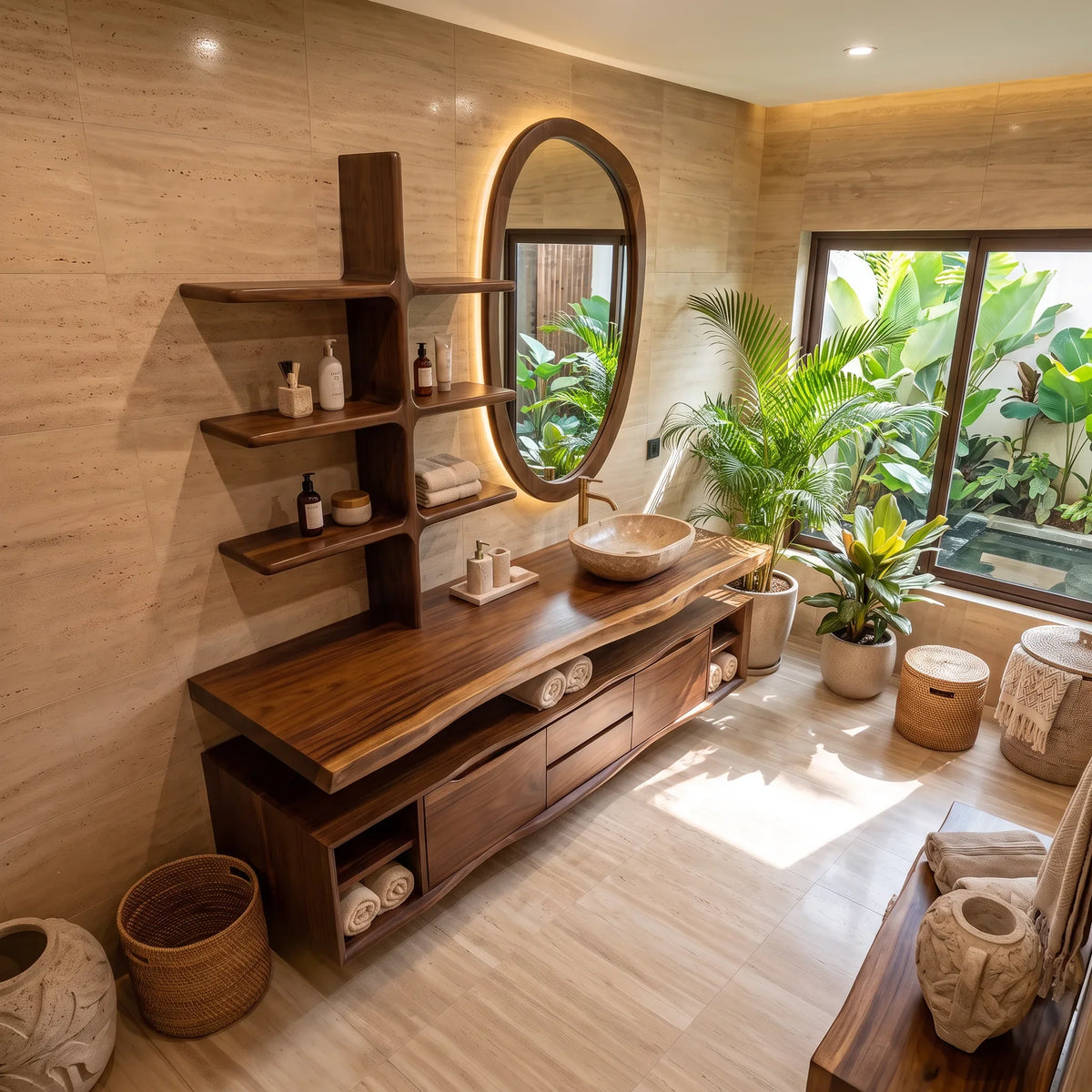 Contemporary Wall Mounted Bathroom Vanity Wellness Suite, solid wood, built to order