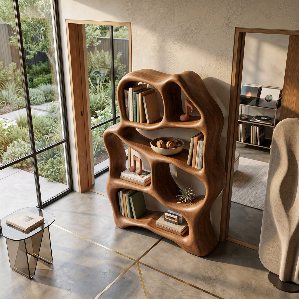Organic Flow Bookcase for Cozy Reading Corner, solid wood, built to order