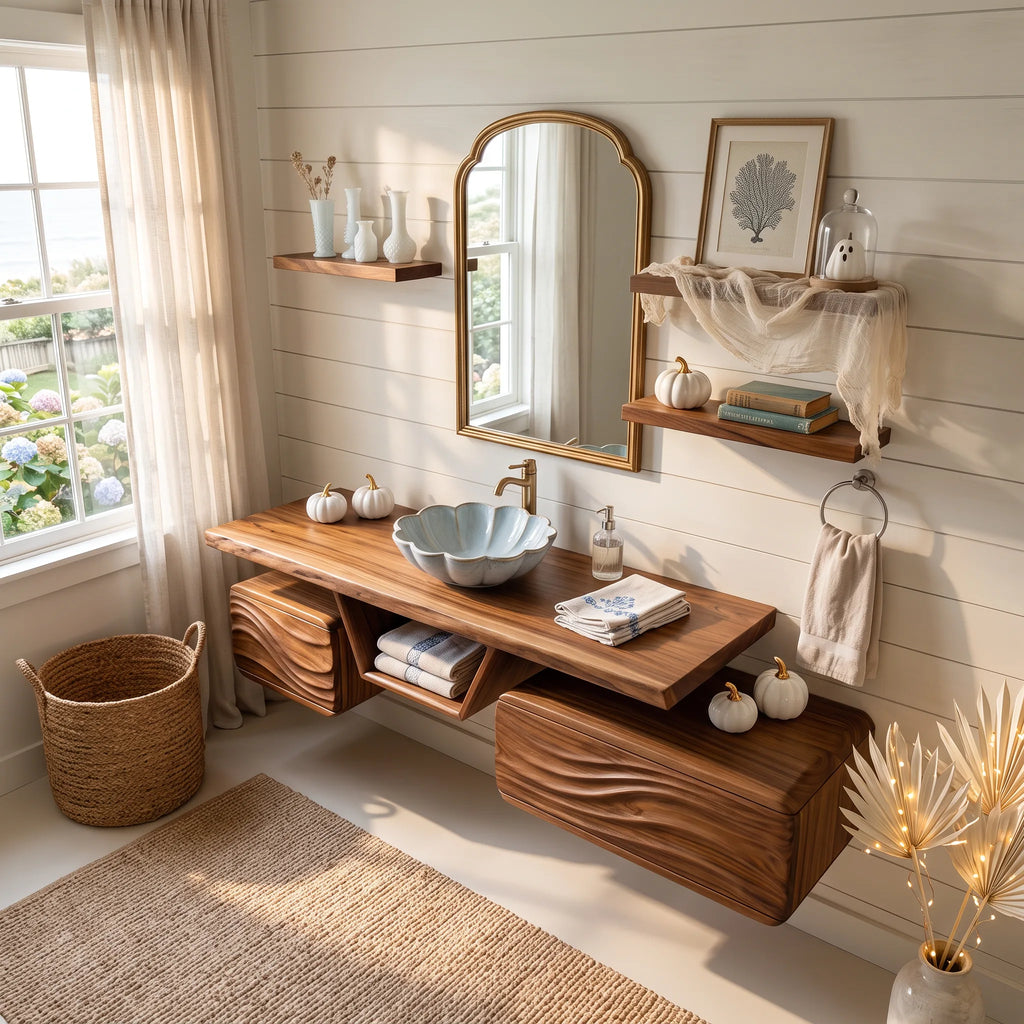 Mid Century Floating Bathroom Vanity Modern Bathroom, solid wood, built to order