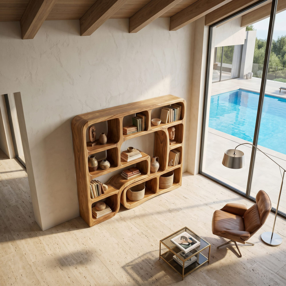 Wooden Bookcase with Organic Wave Design, solid wood, built to order