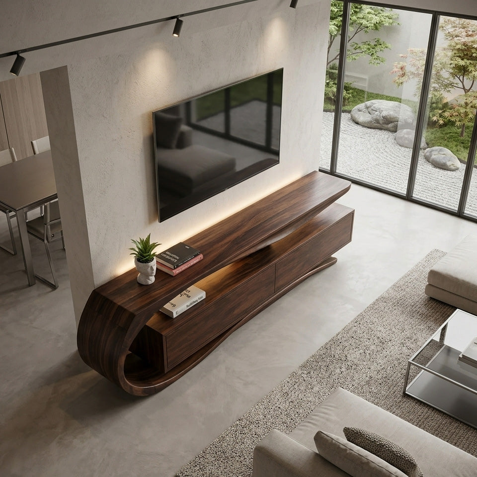 Curved Wooden TV Console, solid wood, built to order, view 2