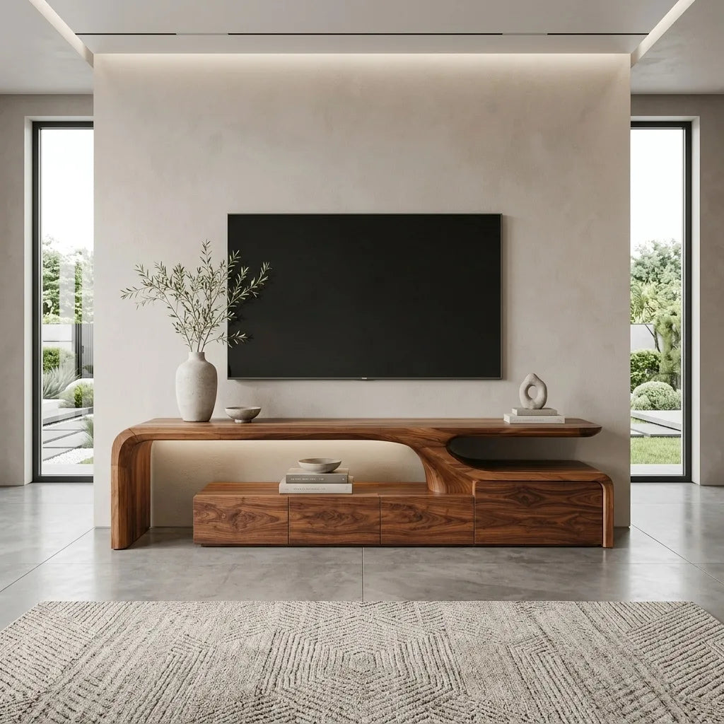 Contemporary Sculptural TV Console, solid wood, built to order, view 2