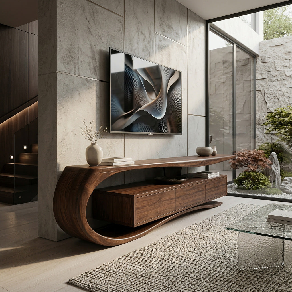 Minimalist Curved TV Console, solid wood, built to order, view 2