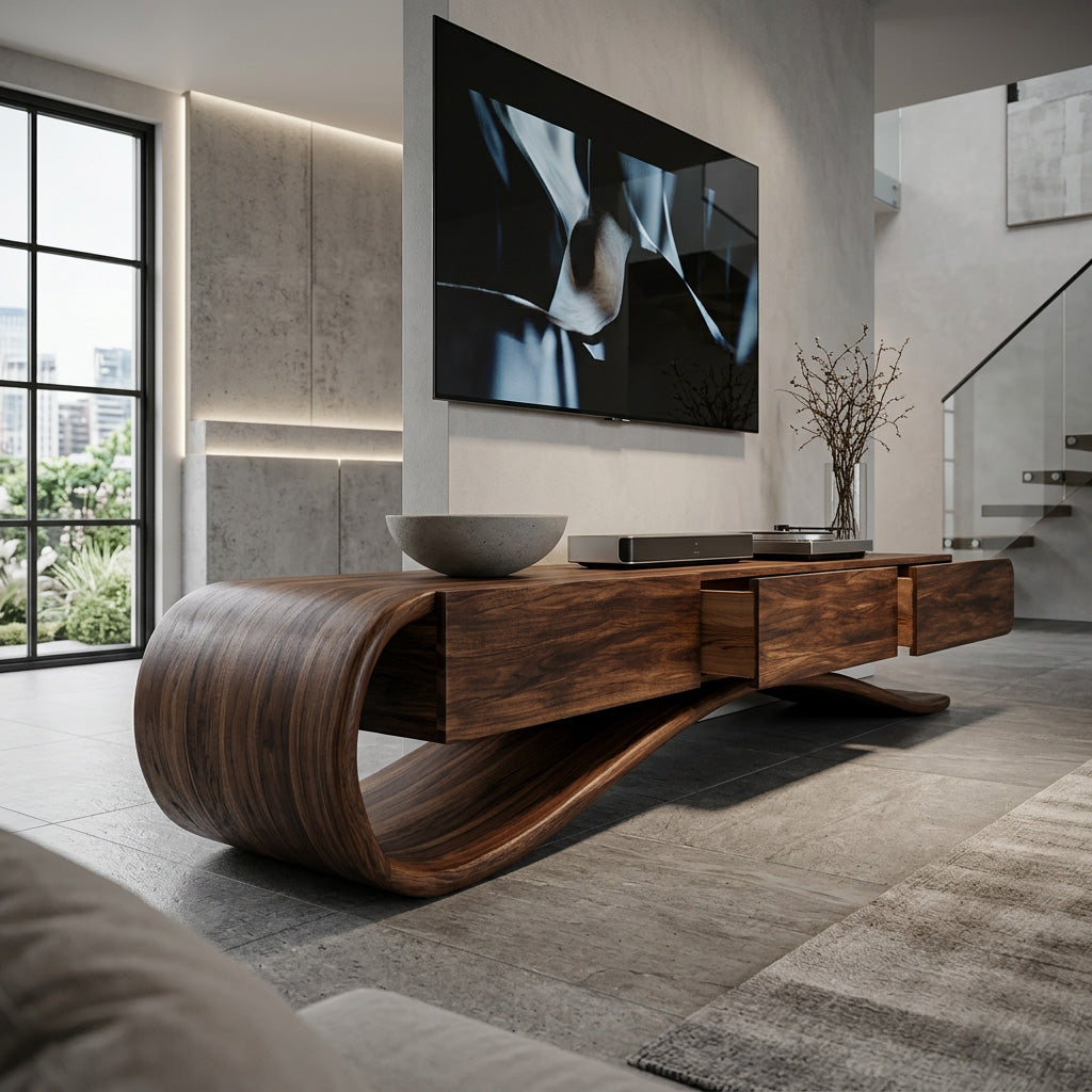 Organic Modern Cantilever TV Console, solid wood, built to order, view 2