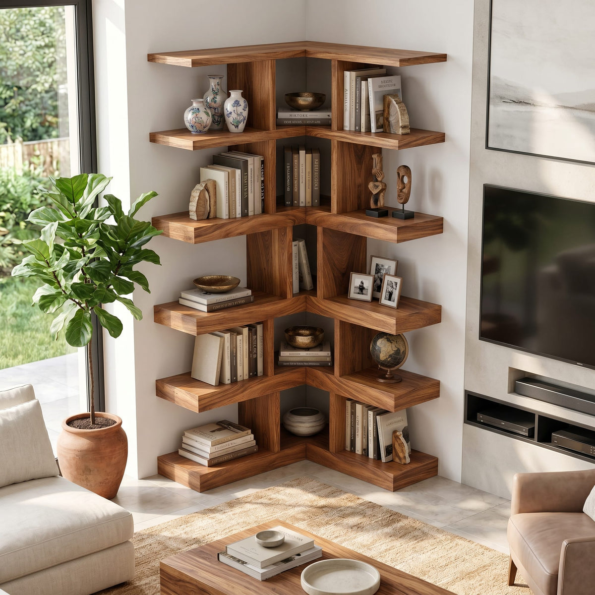 Contemporary Corner Bookcase, solid wood, built to order