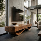 Modern Curved Base Floating Top TV Console, solid wood, built to order, view 2