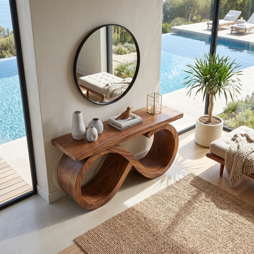 Contemporary Infinity Loop Console Table Hallway, solid wood, built to order, view 2