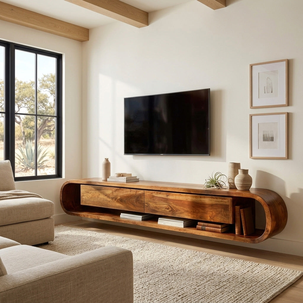 Organic Floating Sculptural TV Console, solid wood, built to order, view 2