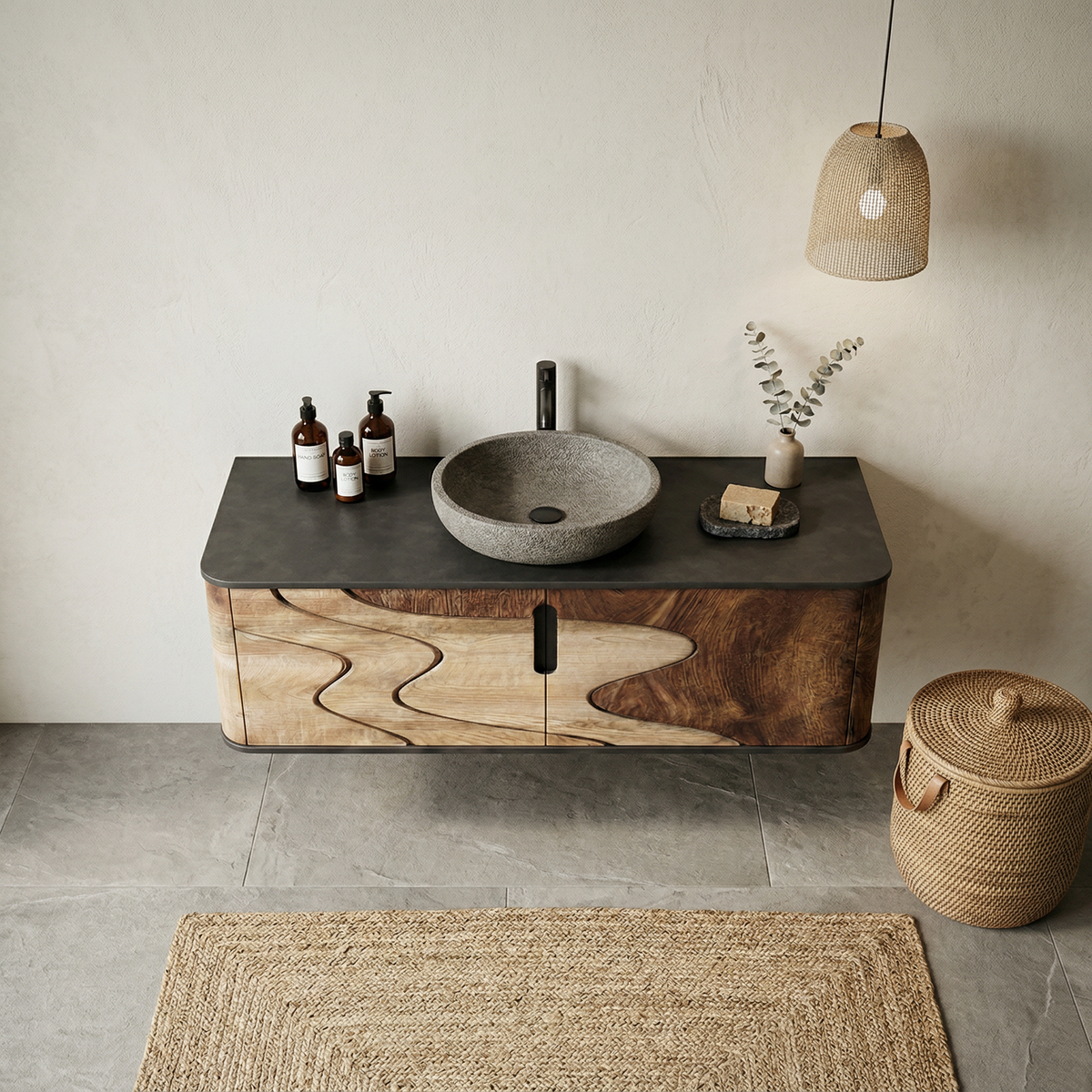 Organic Flow Bathroom Vanity Solid Curved Front Storage Bathroom, solid wood, built to order, view 2
