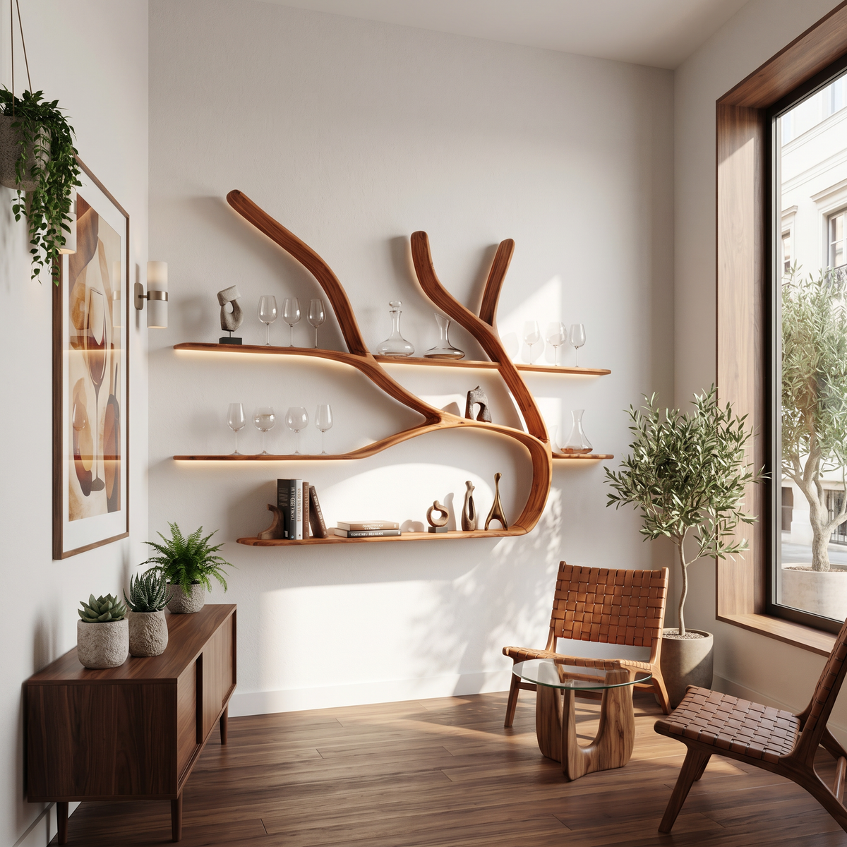 Minimalist Tree Branch Floating Bookshelf, solid wood, built to order, view 2