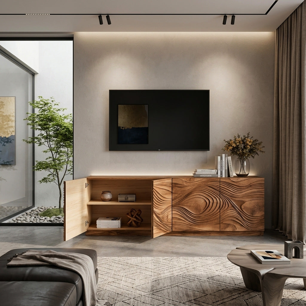 Artistic TV Console with Wave Pattern, solid wood, built to order, view 2