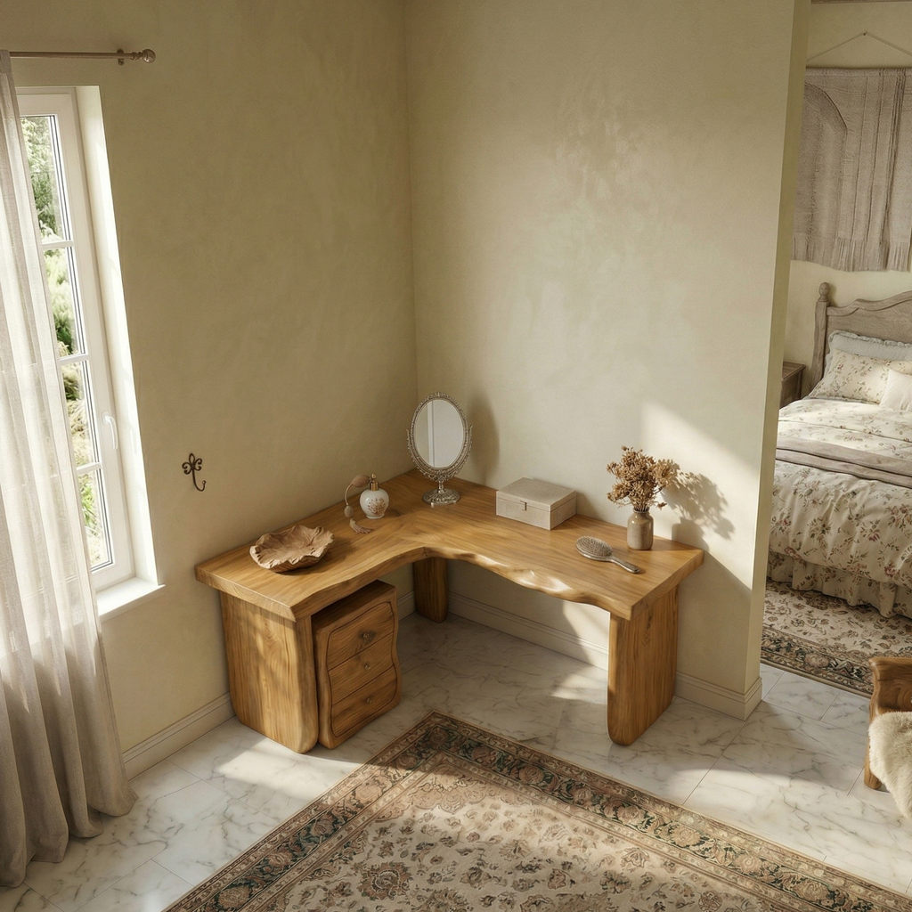 Minimal Organic Vanity Table Makeup Desk Corner L Shape Bedroom and Vanity Area, solid wood, built to order, view 2