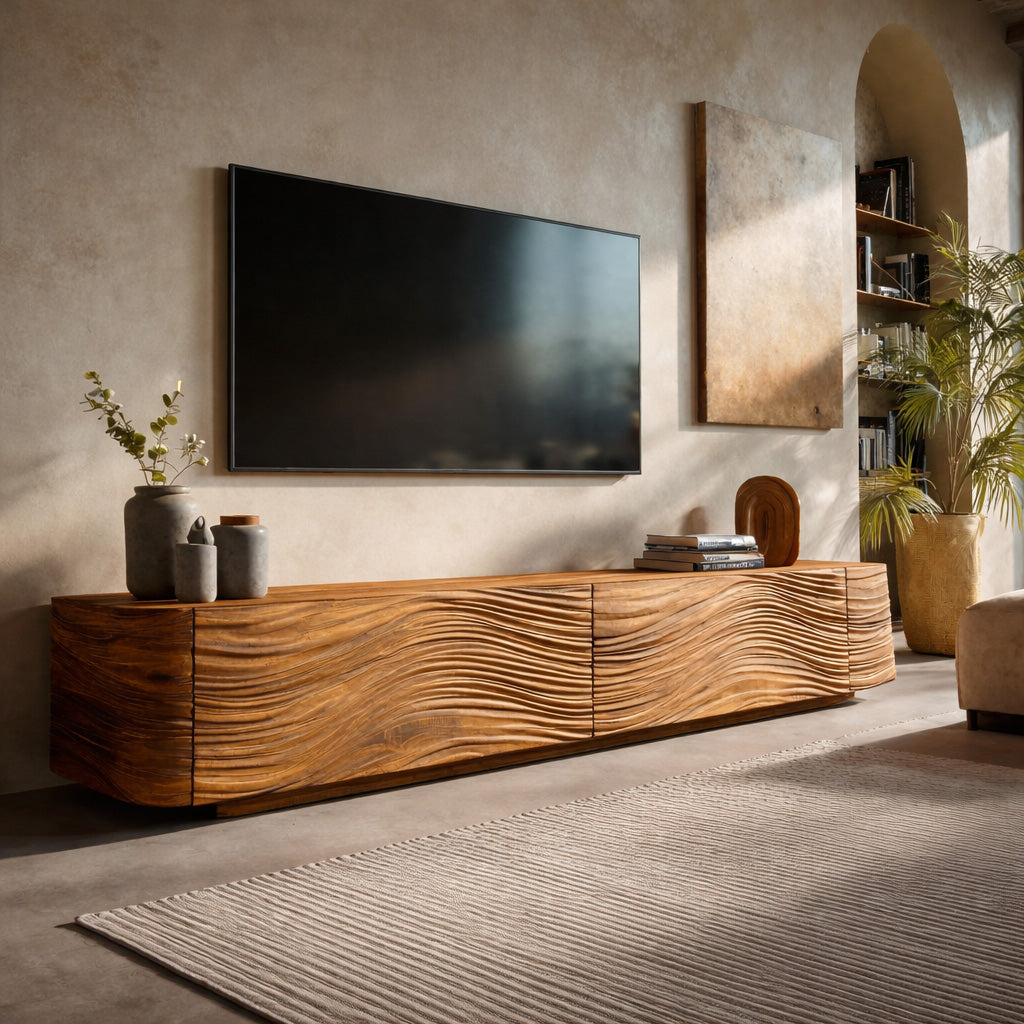 Minimalist Wave TV Console, solid wood, built to order