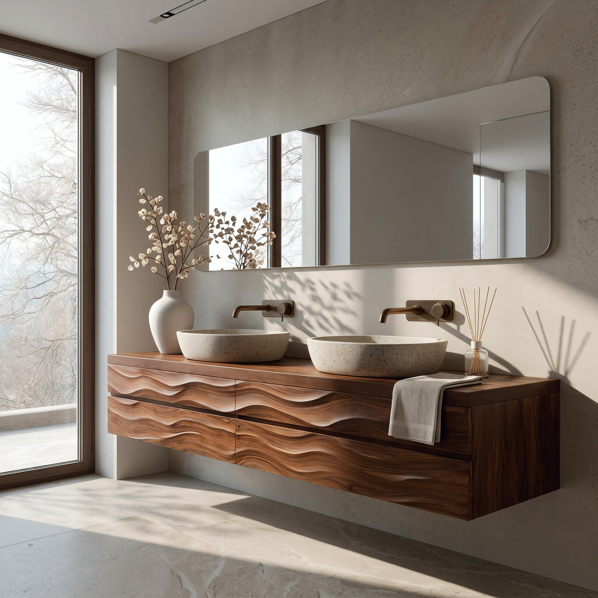 Modern Floating Bathroom Vanity with Wave Texture, solid wood, built to order, view 2