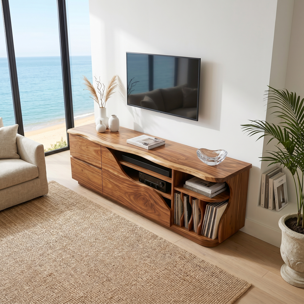 Organic Modern Media Console Vinyl Storage Cabinet, solid wood, built to order, view 2