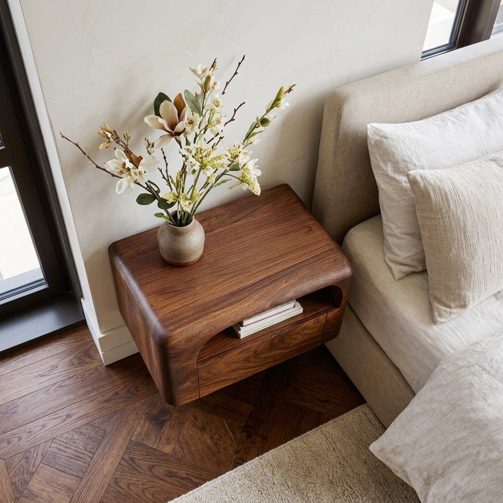Organic Wall Mounted Bedside Table with Drawer, solid wood, built to order, view 2