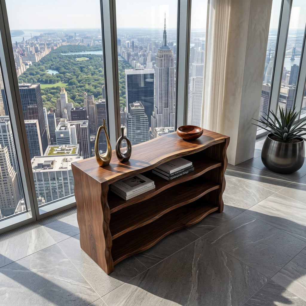 Organic Wavy Console Table with Three Tiers, solid wood, built to order