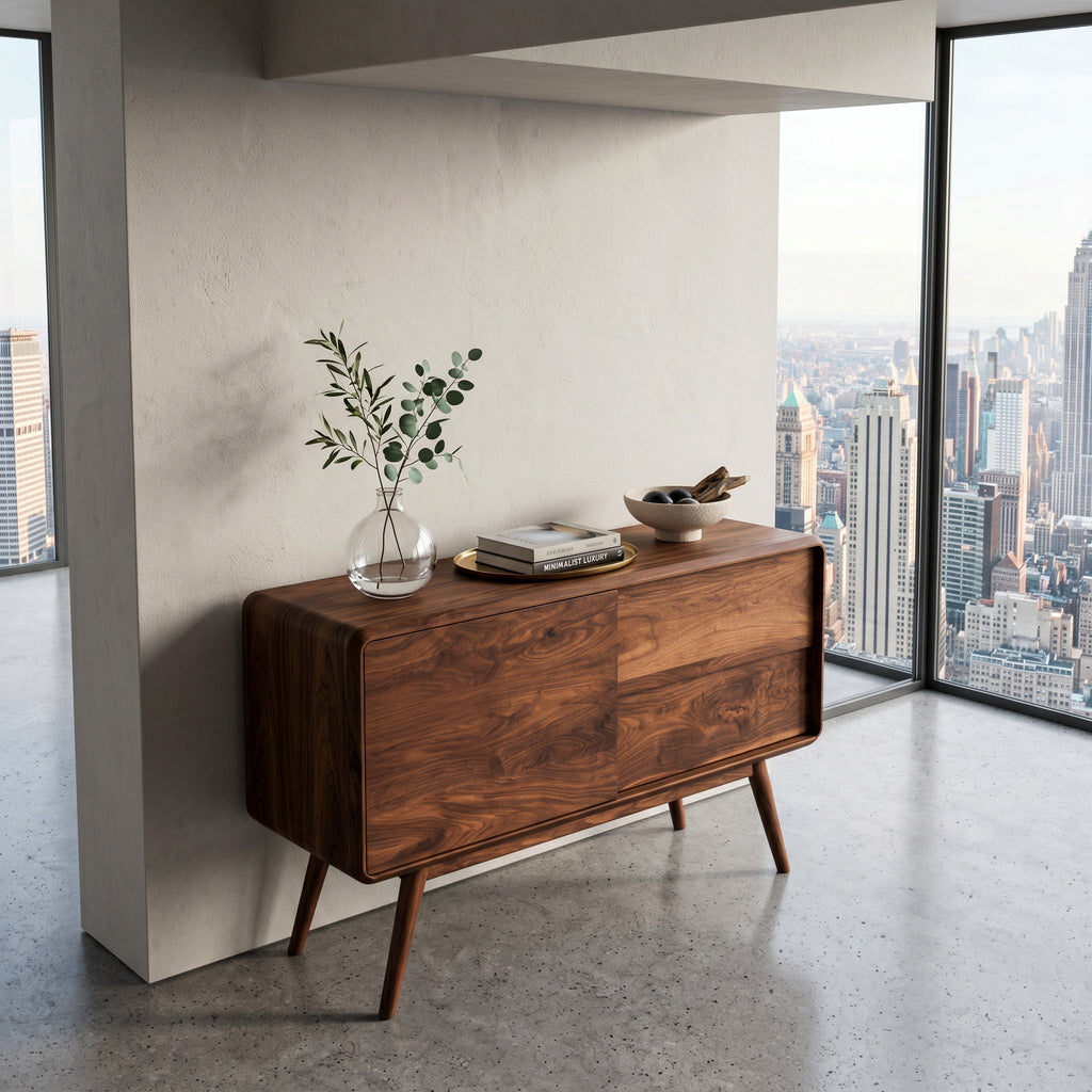 Mid Century Rounded Console Table with Compartments, solid wood, built to order