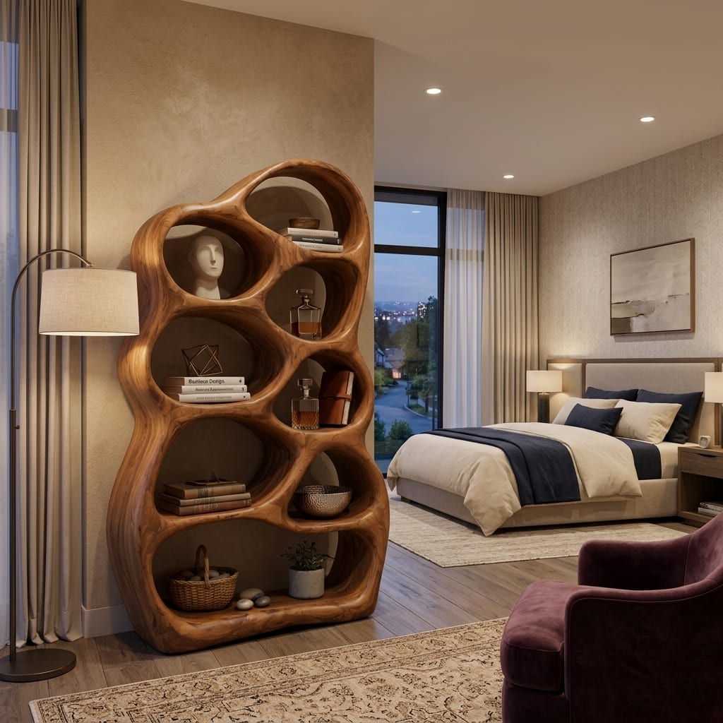 Artistic Sculptural Wood Bookshelf with Multi Tiers for Living Room, solid wood bookcase