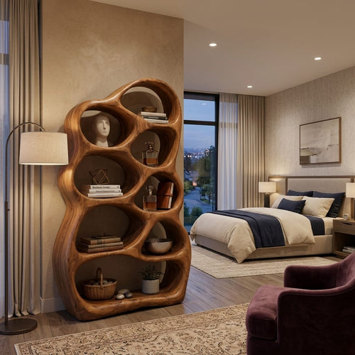 Artistic Sculptural Wood Bookshelf with Multi Tiers for Living Room, solid wood bookcase