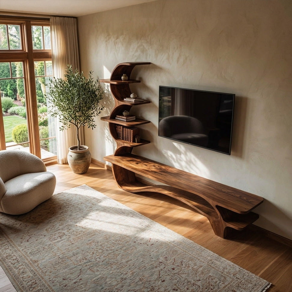 Organic Wood TV Stand with Side Curved Shelf, solid wood, built to order, view 2