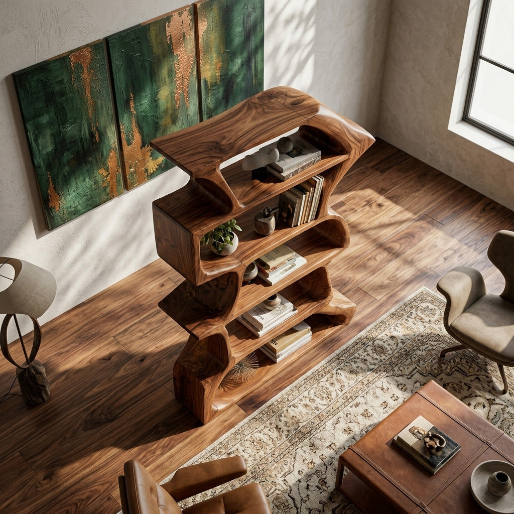 Organic Farmhouse Wooden Curved Bookshelf for Living Room, solid wood bookcase