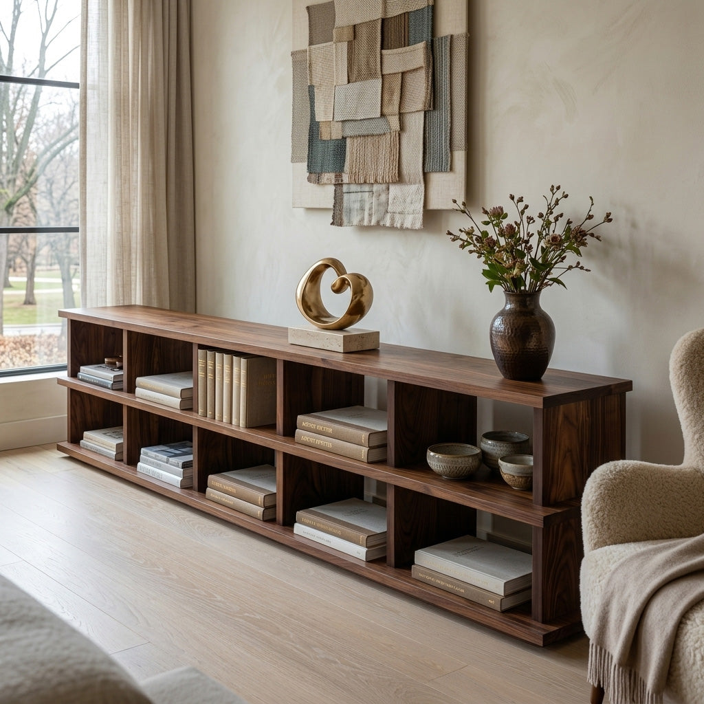 Modern Long Wooden Bookshelf for Living Room Storage, solid wood bookcase