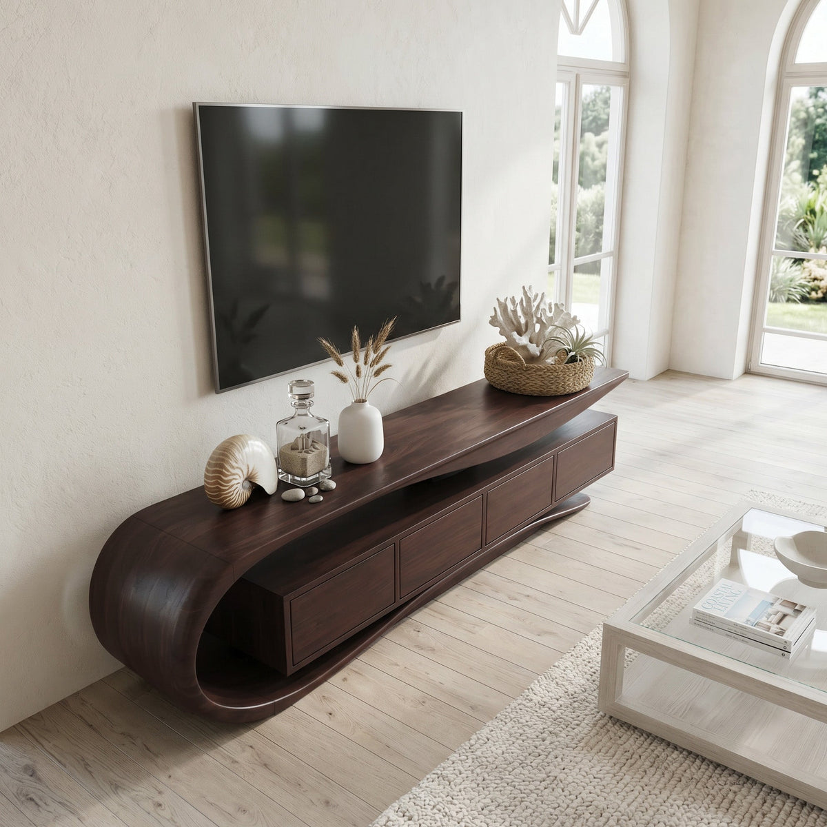 Contemporary Wave TV Console, solid wood, built to order, view 2