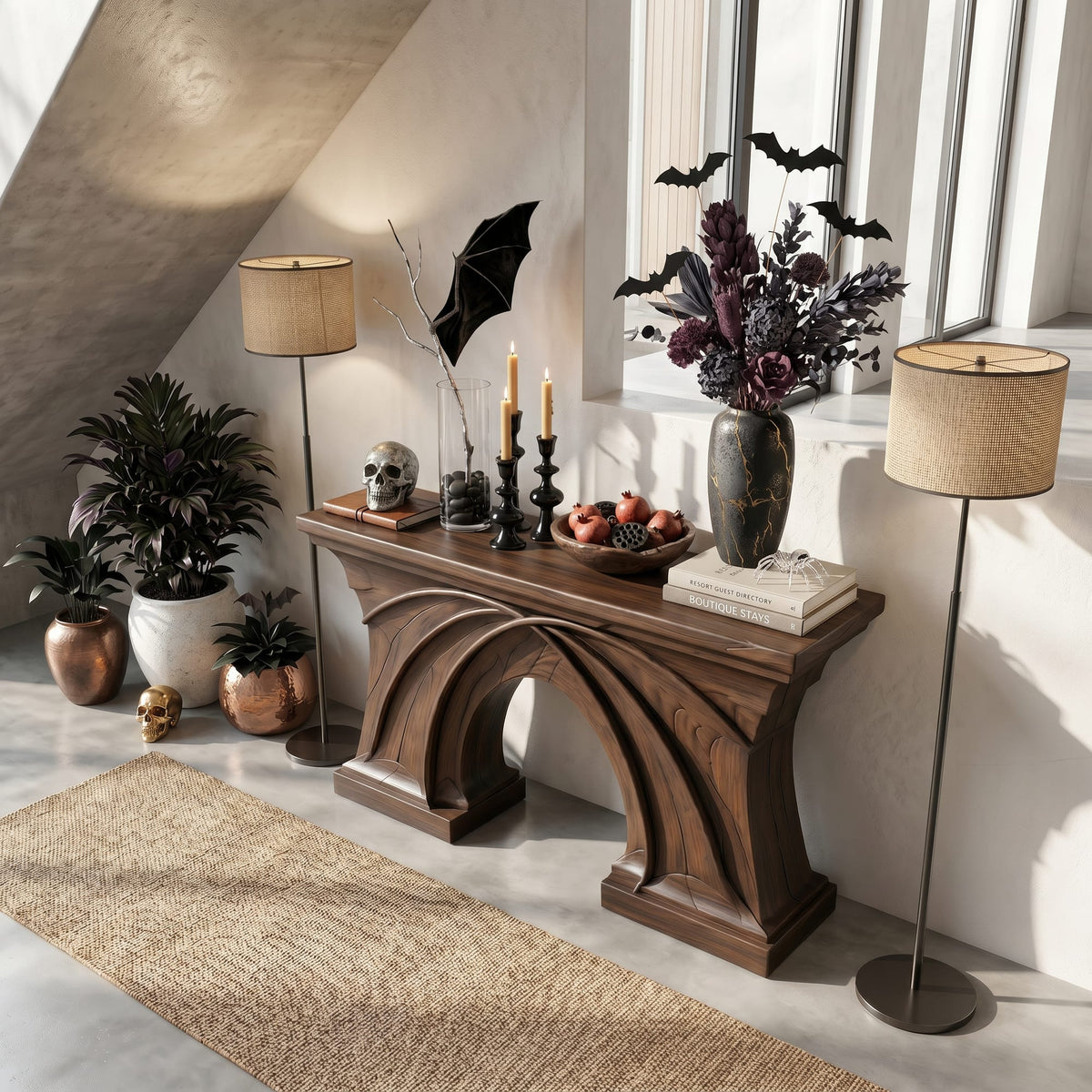 Rustic Console Table Flowing Sculptural Design, solid wood, built to order