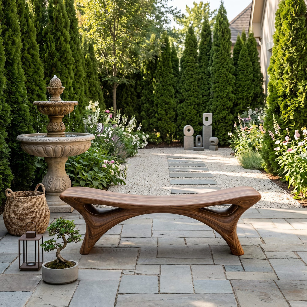 Contemporary Sculptural Outdoor Bench, solid wood, built to order