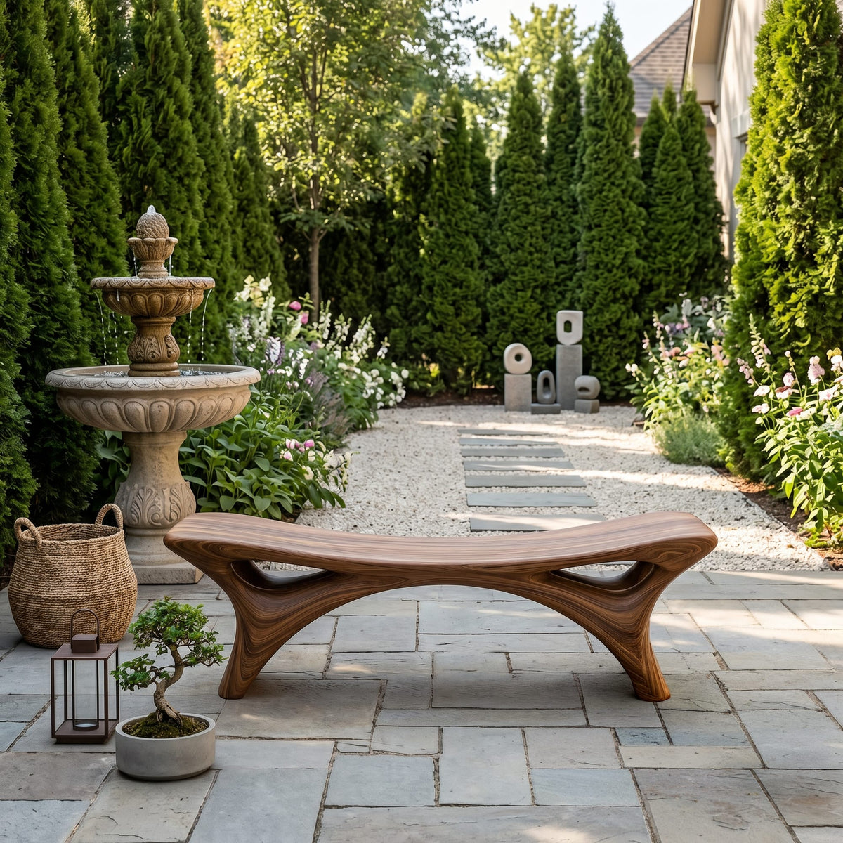 Contemporary Sculptural Outdoor Bench, solid wood, built to order