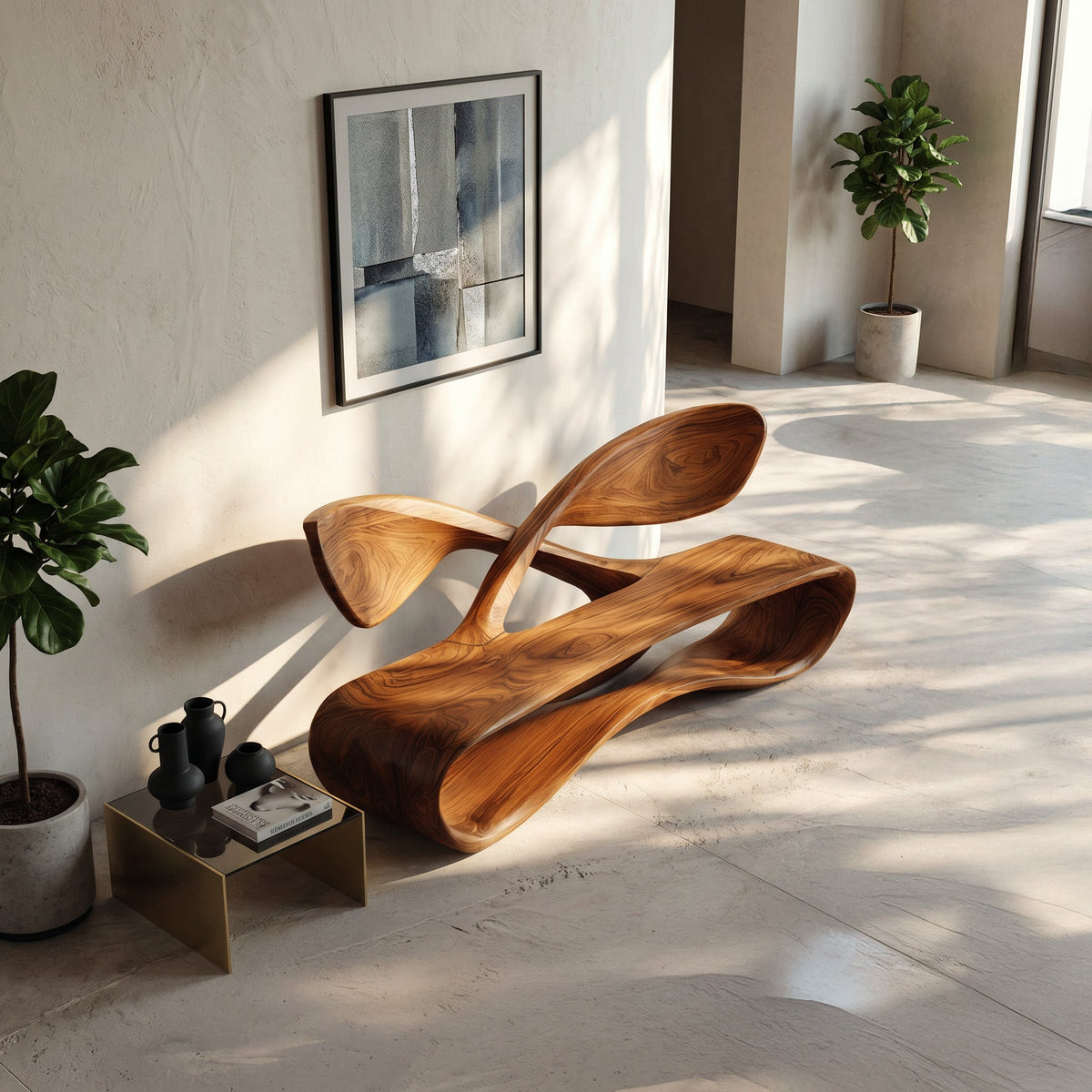 Contemporary Curved Bench with Cross Backrest, solid wood, built to order