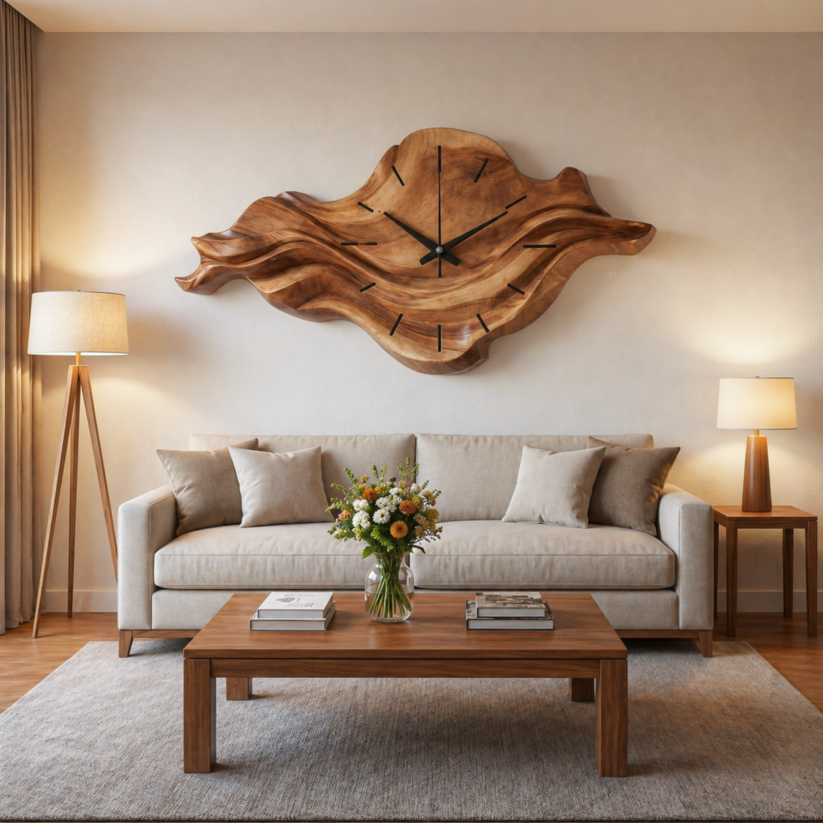 Contemporary Wall Clock with Wave Sculpture, solid wood, built to order, view 2
