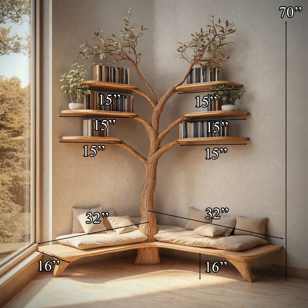 Tree Branch Floating Corner Shelf with Entryway Bench, solid wood, built to order