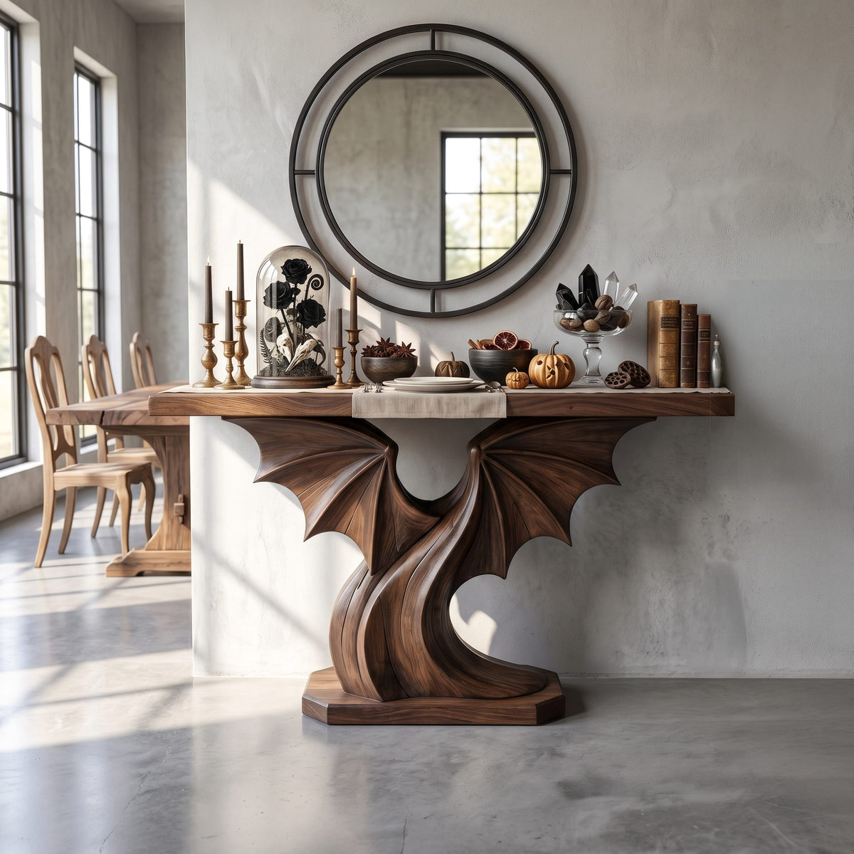 Contemporary Console Table with Sculptural Bat Wing Design, solid wood, built to order