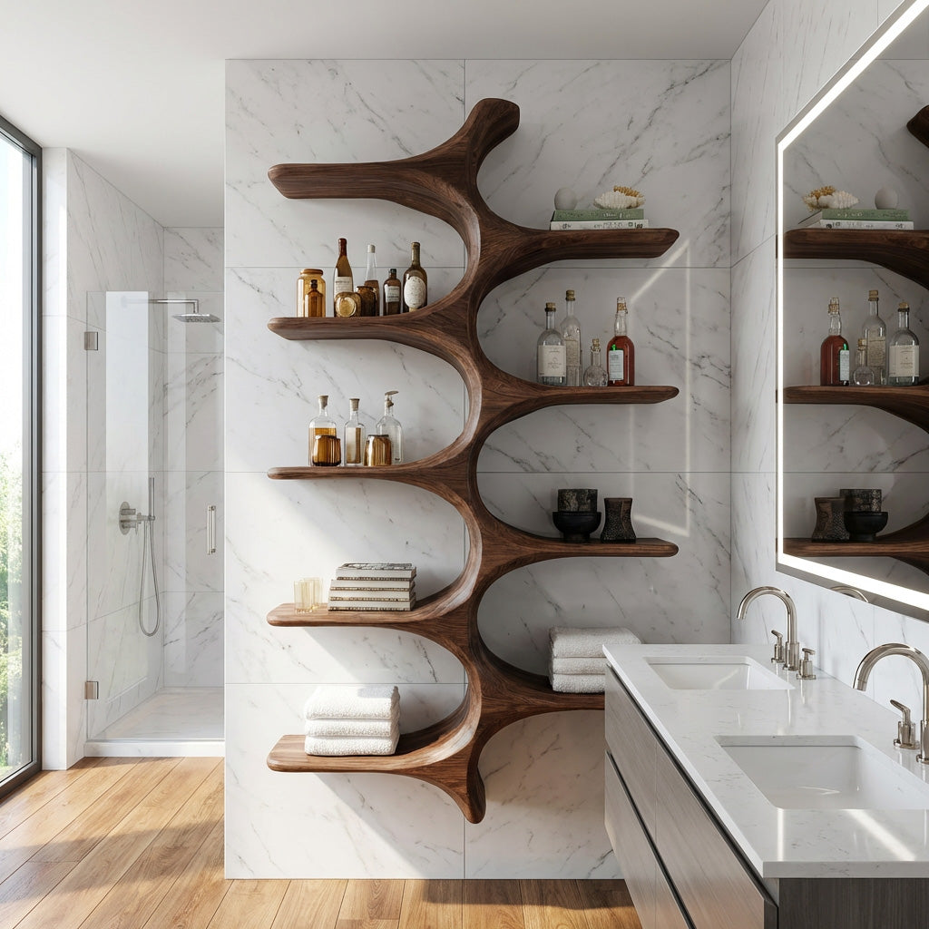 Organic Sculptural Natural Bathroom Shelf for Spa, solid wood, built to order, view 2