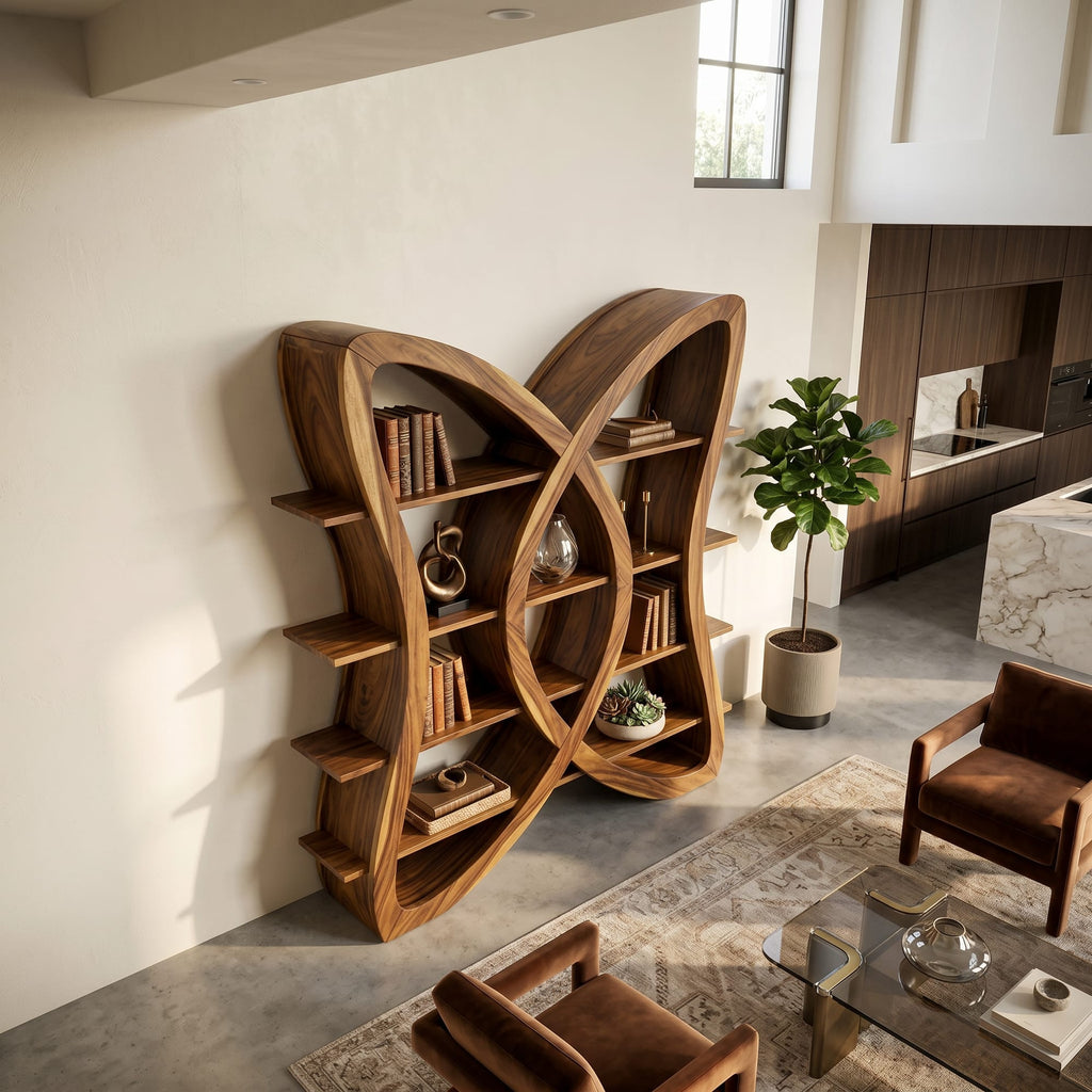 Butterfly Inspired Wooden Bookcase in Organic Style, solid wood, built to order